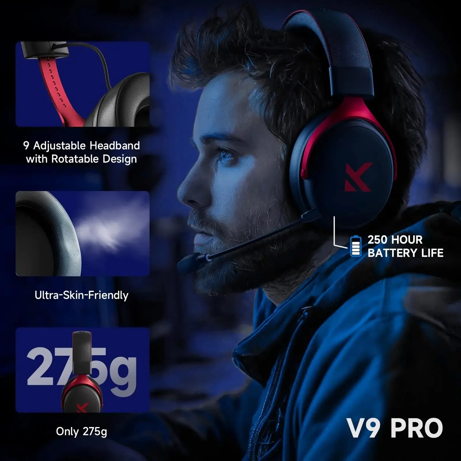 MCHOSE V9 Pro Wireless Headset 7.1 Surround Sound 53mm Gaming Headphones Noise Canceling Mic Low Latency Lightweight for PS5 PC SWITCH with Microphone