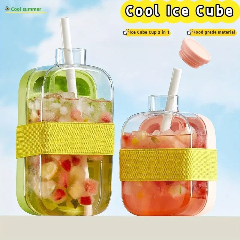 Large Capacity Ice Cube Maker Water Bottle Silicone Tray with Straw for Juice Beverage Cooling Stackable Design Durable Plastic