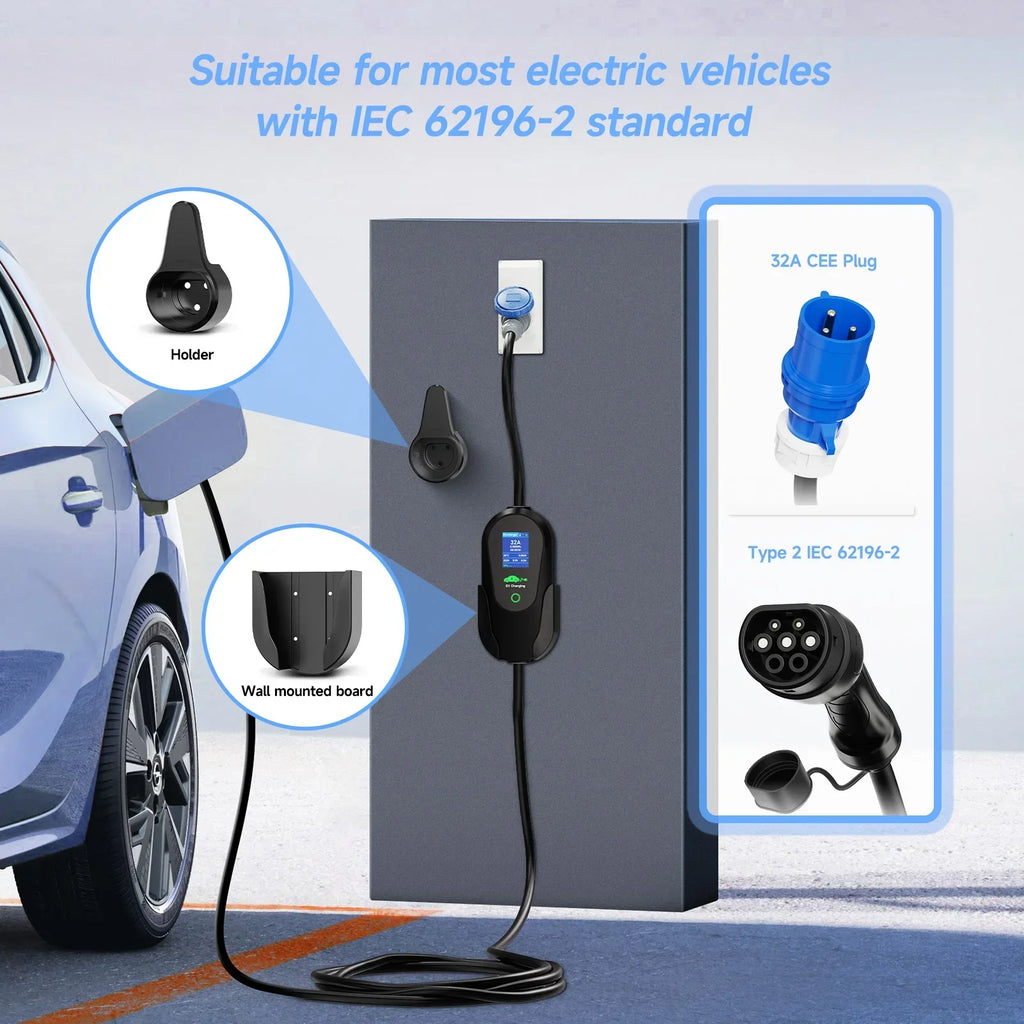 Puppyfc 7.2KW Portable EV Charger 32A Type1/Type 2Fast Home Electric Car Charging Station WiFi Control IP66 Waterproof Overload
