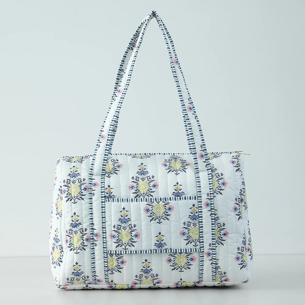 Large Quilted Travel Bag For Women Weekender Bag Floral Block Print Cotton Luggage Overnight Duffle Bags