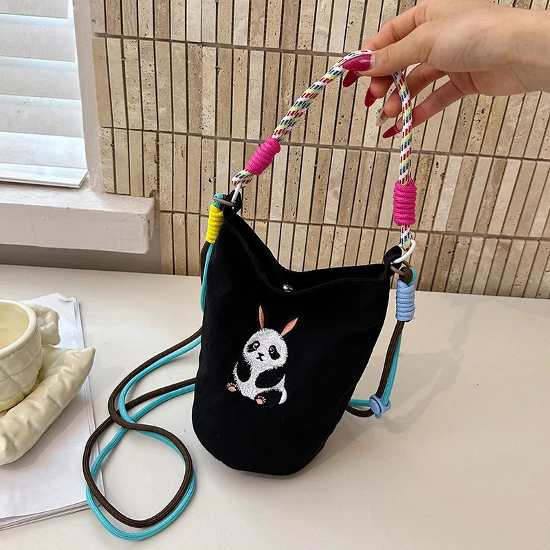 New Fashion Cute Cartoon Panda Embroidery Nylon Mini Bucket Bag Women Casual Lightweight Crossbody Shoulder Bag Small Handbag