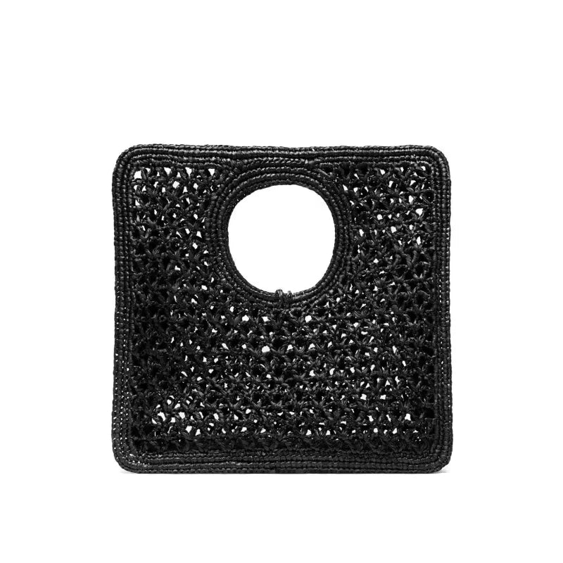 Interlocking-closure Tote Bag Women Black Flat Woven-raffia Luxury Designer Handbag New Gold Metal Rond-carré Charms Female Bags