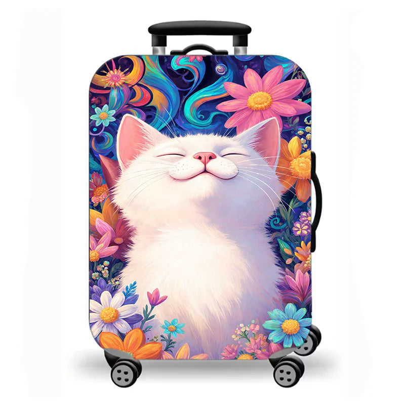 Luggage Cover, Cute Cat Kitten Floral Starry Night Print Stretch Suitcase Protector, Washable Anti-Scratch Travel Baggage Cover