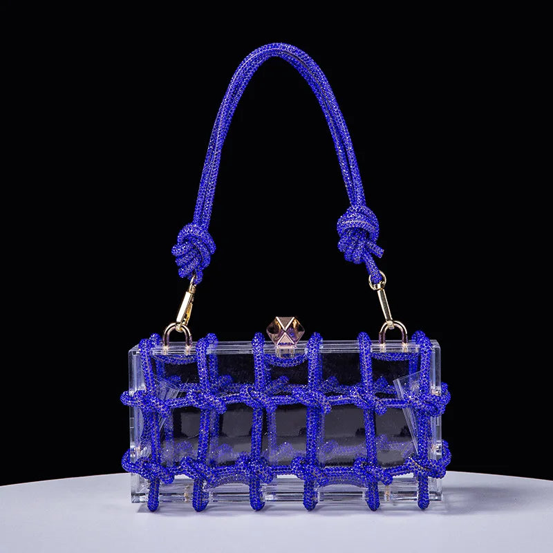 New Diamond Clear Acrylic Box Evening Clutch Bags Women Boutique Woven Knotted Rope Rhinestone Purses And Handbags Wedding Party