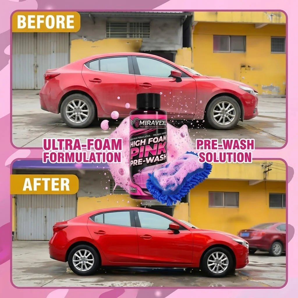 MIRAVEXL High Foam Pink Pre-Wash 100ml Car Care Set, Deep Cleansing Foam Solution, Professional Blue Microfiber Wash Mitt