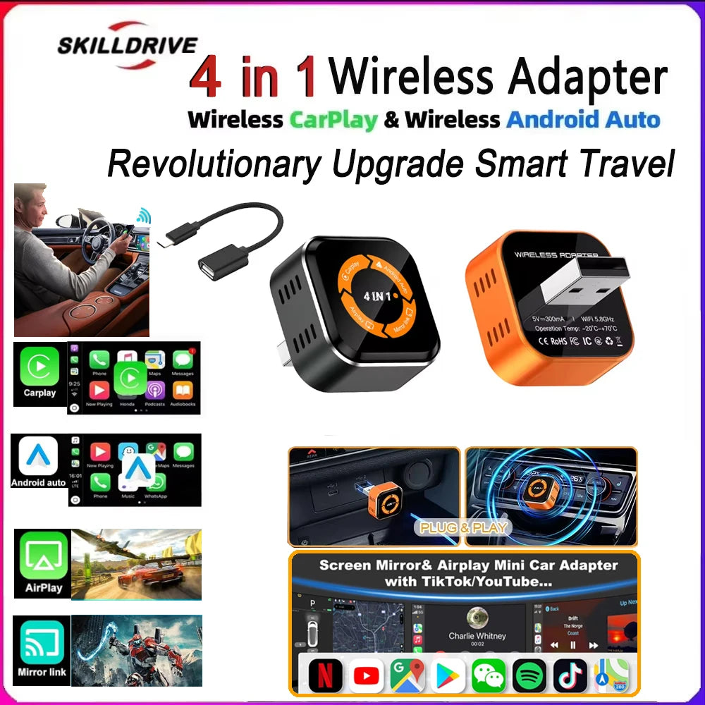 Skilldrive 4 in1 Carplay Android Auto Adapter En Drahtlos Usb c Converter Box Wireless Mirrorlink Dongle Airplay Adapter for Car