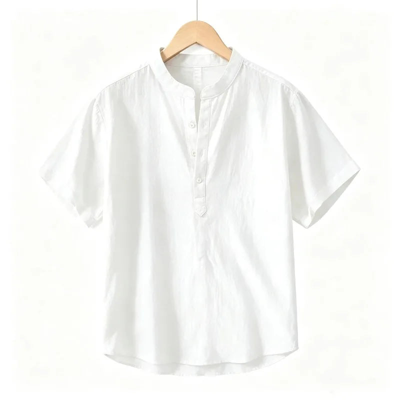 2026 summer cross-border men cotton and polyser stand collar short sleeved shirt loose casual Henley shirt for men