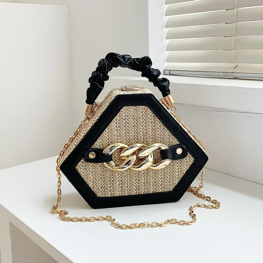 Patchwork Straw Carry-on Women's Bag Fashion Chain Diagonal Bag Summer Texture Chain Bag Woven Carry-on Box Bag