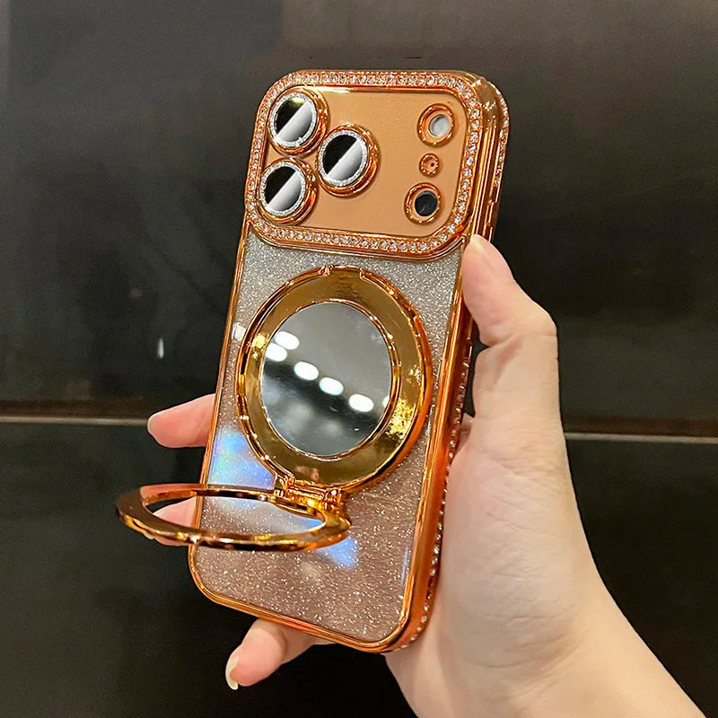 Gradient Glitter Diamond Magnetic Case For iPhone 17 16 15 14 13 12 11 ProMax Plus For Magsafe Mirror Stand Cover For iPhone Air