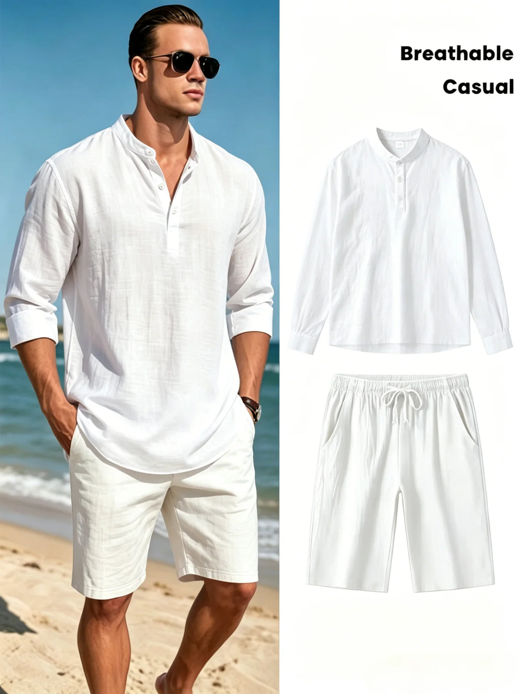 Men's Cotton Linen Henley Shirt and Shorts Set Breathable Casual Two Piece Outfit with Drawstring Shorts for Summer Beach