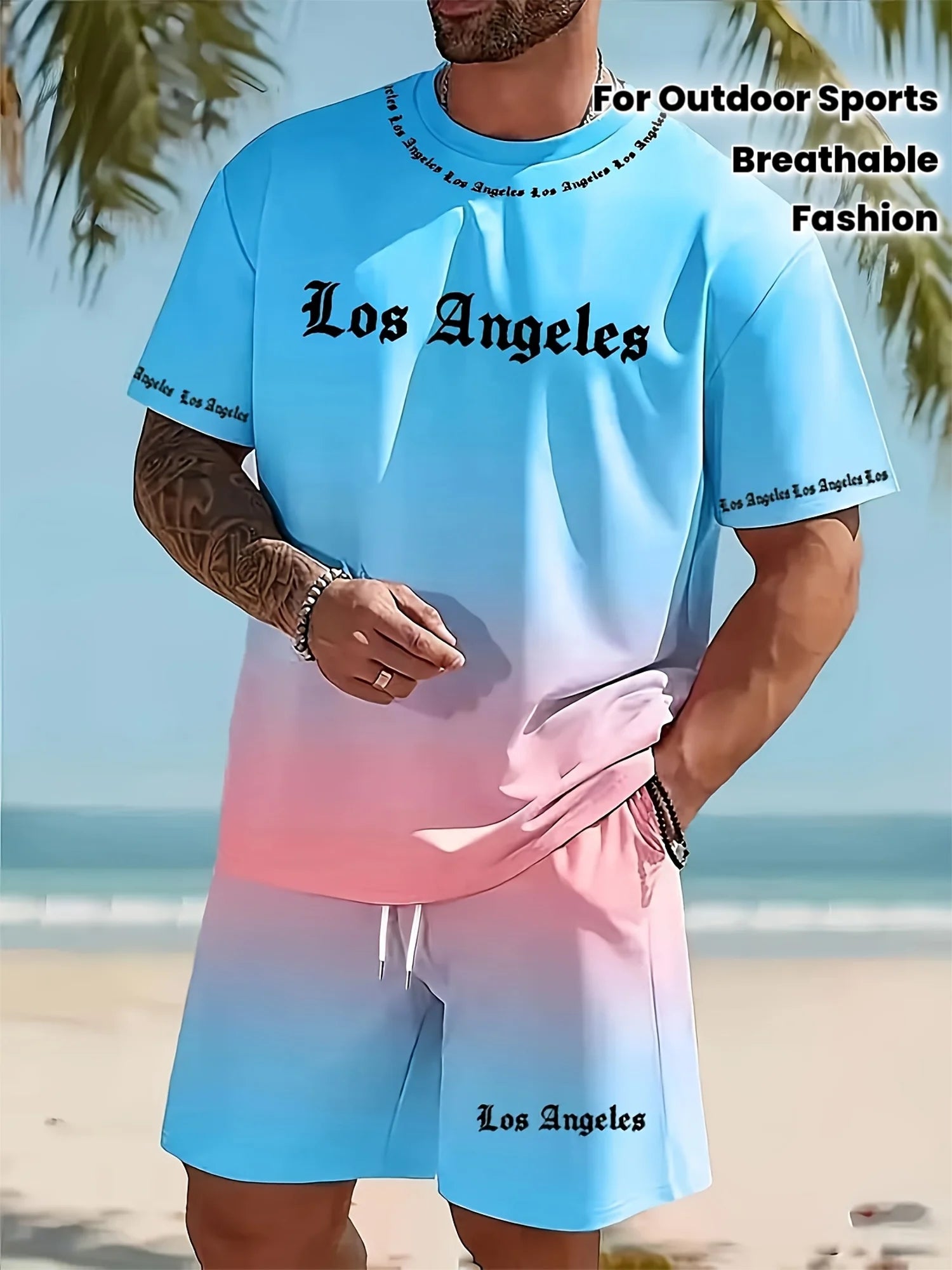 Men's Two-Piece Gradient Sports Outfit, Crew Neck Short-Sleeve T-Shirt + Shorts, Casual Outdoor Streetwear for Summer