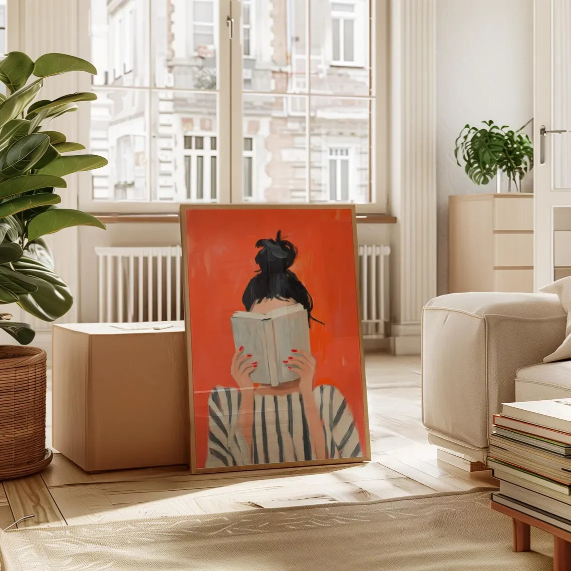 Reading Woman Art Print | Book Poster | Feminine Cozy Wall Art | Bold Orange Art Print | Abstract Contemporary Portrait Art