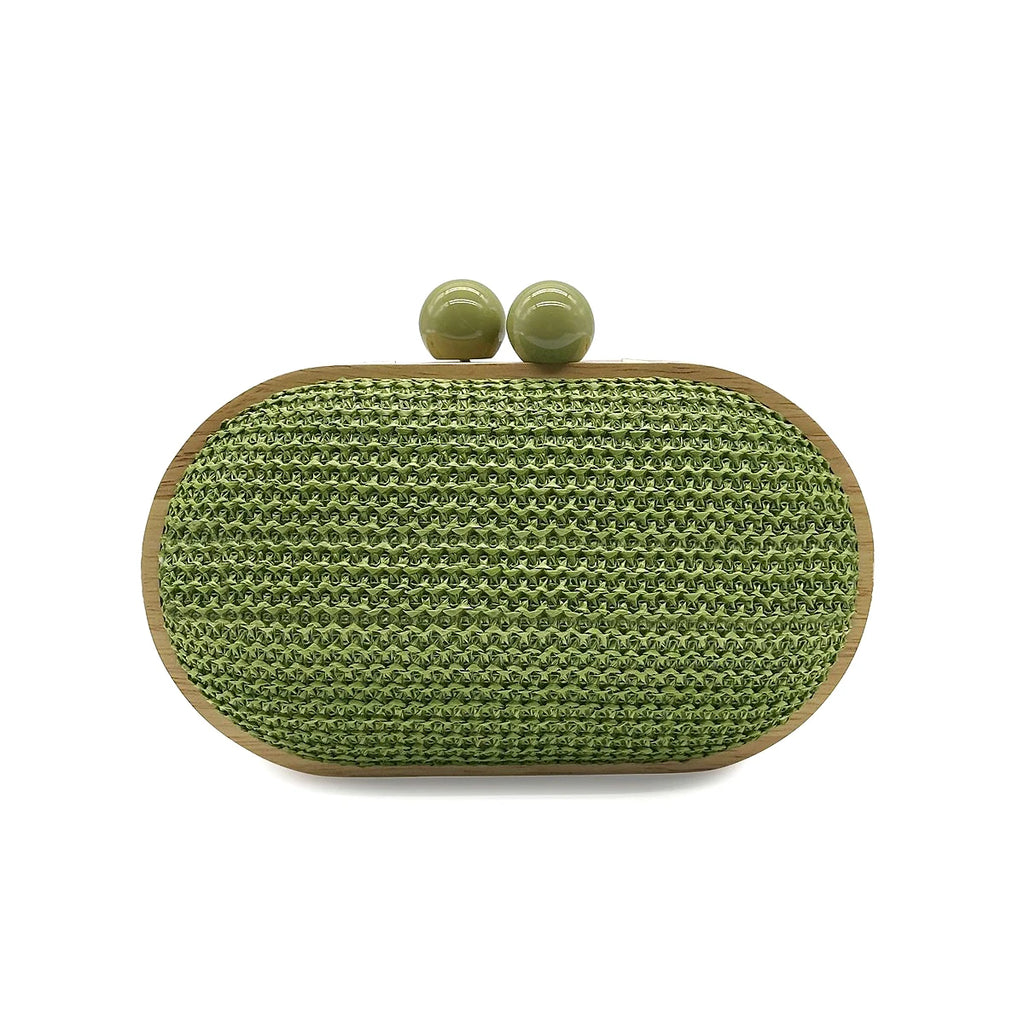 CEZIRA Women's Fashionable Straw Woven Clutch Wooden Frame Clip Closure Evening Bag Hard-case Long Chain Handbag Purse Holiday