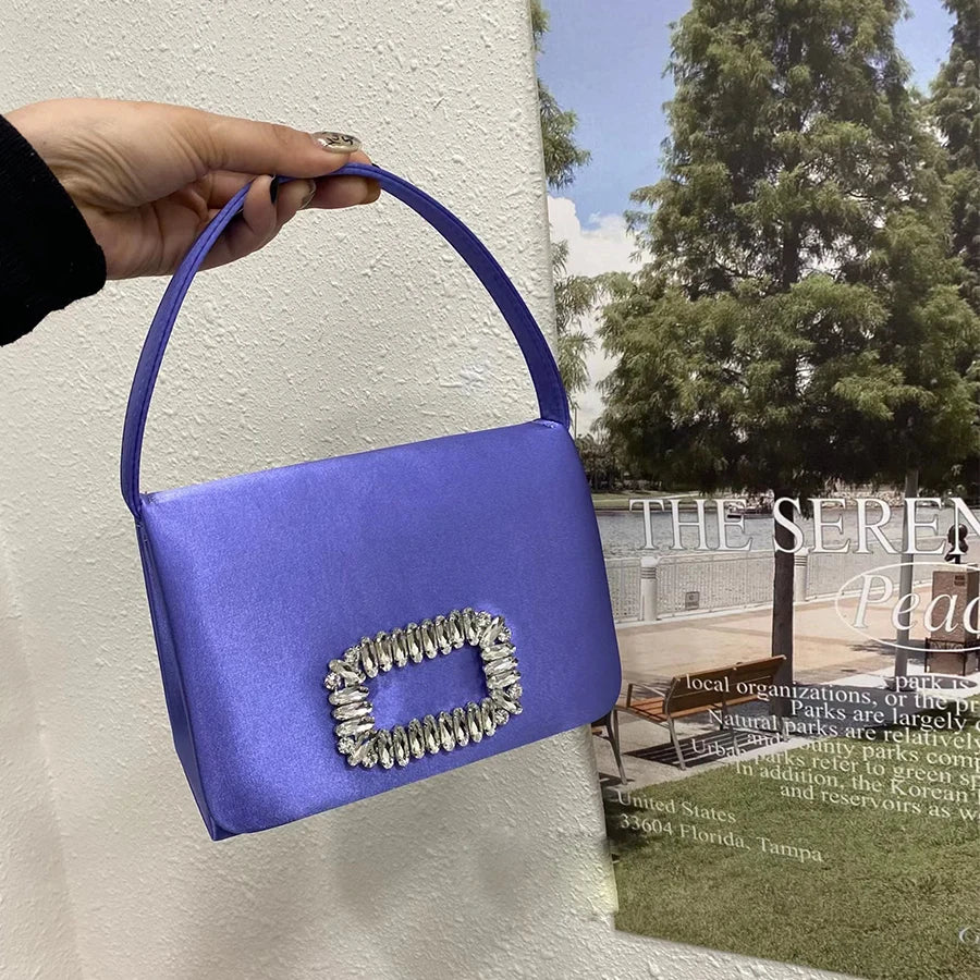 Luxury Diamond Square Button Women's Evening Bag Party Clutch Purses Satin Rhinestone Small Square Bag Chains Shoulder Bag Bolsa