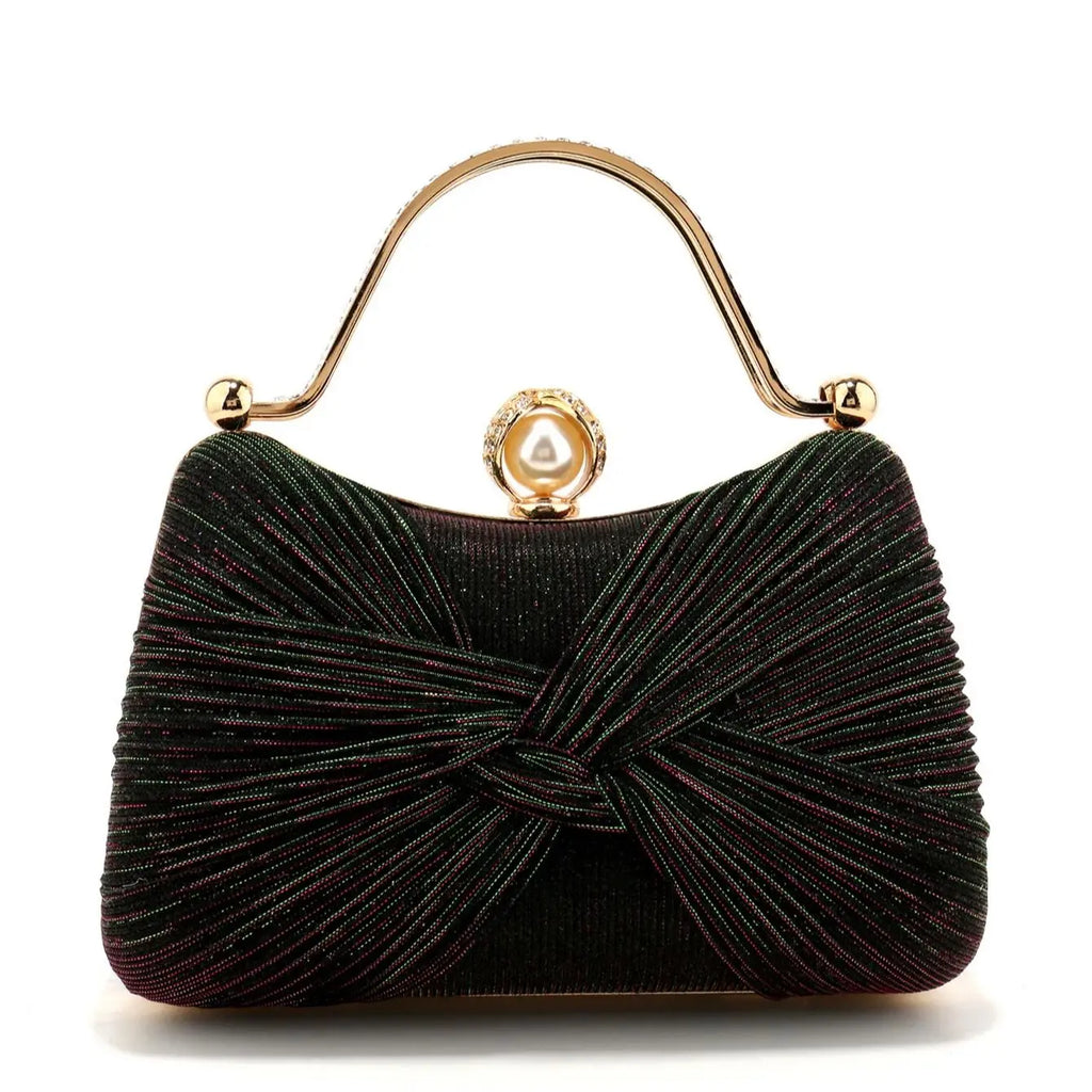 Bow Design Ruched Fashion Women Evening Bags Pink Color Sequined Glitter Metal Pearl Handbags Banquet Lady Wedding Bridal Purse