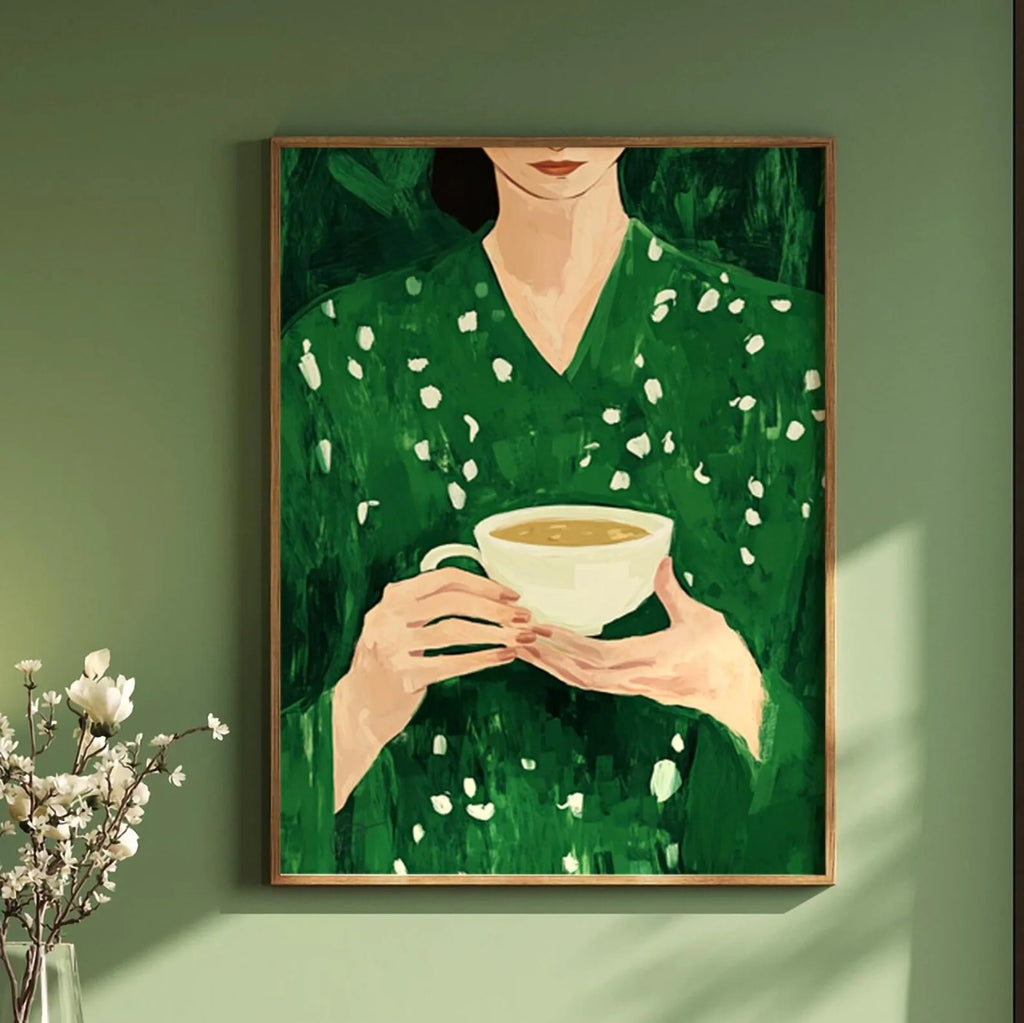 Green Abstract Figures Canvas Print with Flower Woman Minimalist Japandi Female Portrait Art Poster for Modern Living Room Decor