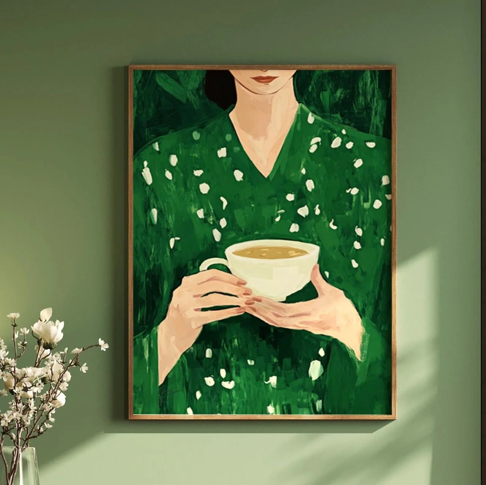 Green Abstract Figures Canvas Print with Flower Woman Minimalist Japandi Female Portrait Art Poster for Modern Living Room Decor