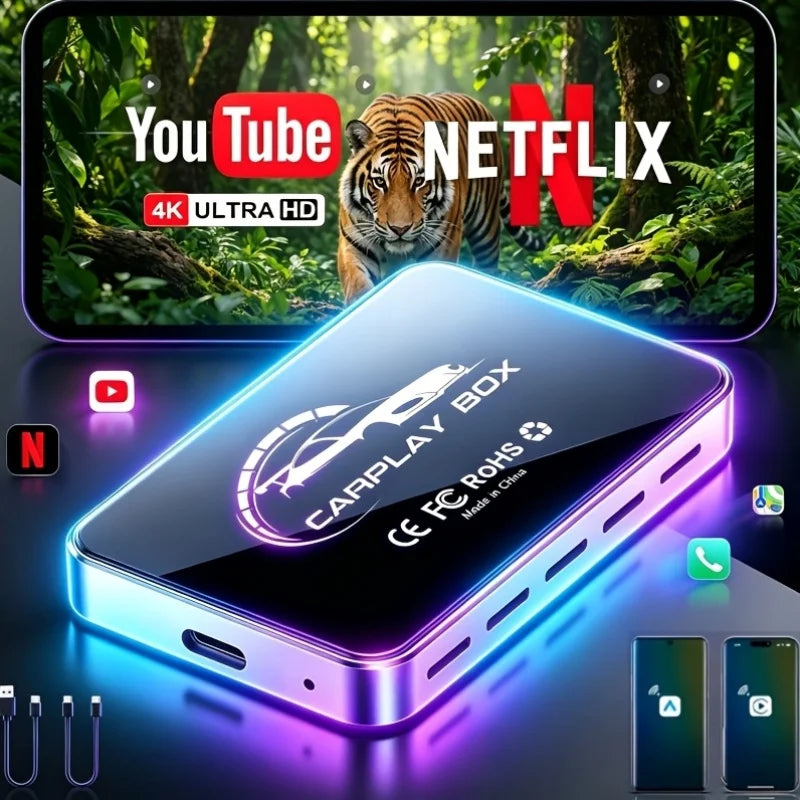 The 3-in-1 Magic Media Box supports streaming from Netflix and TikTok. It comes with a wireless CarPlay adapter and a USB port, and is compatible with vehicles equipped with factory-installed wired Apple CarPlay and Android A