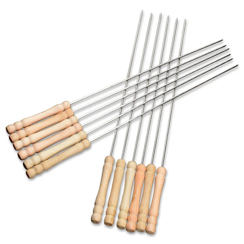 38CM Hot BBQ Skewers Long Handle Shish Kebab Barbecue Grill Sticks Wood BBQ Fork Stainless Steel Outdoor Bold Round Sign Needle