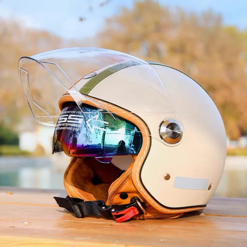 Open Face Helmet Vintage Leather Motorcycle Helmets Double Visor DOT Approved Retro 3/4 Jet Half Helmet with Inner Lens