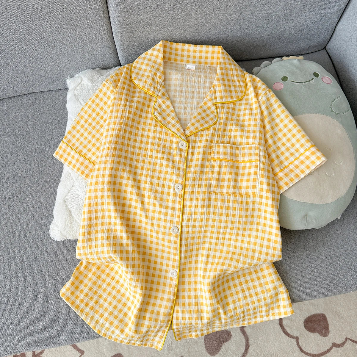 Women's Summer Pajamas, Thin Plaid Pattern Short-Sleeved Shorts, Sweet and Cute, Can Be Worn Outside in Summer, Two-Piece Home Wear Set