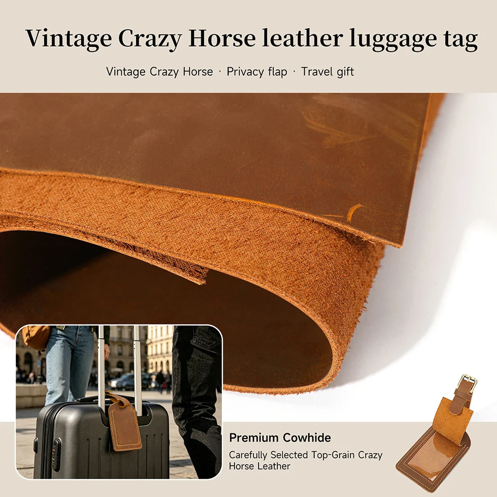Vintage Crazy Horse Genuine Leather Luggage Tag Privacy Cover ID Address Label Adjustable Strap Suitcase Baggage Travel Accessor