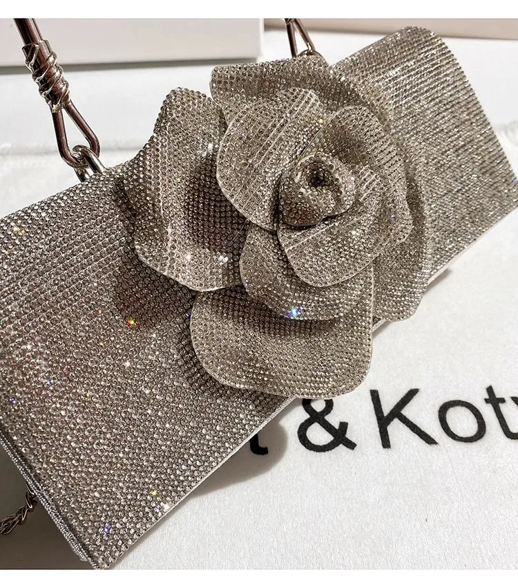 Luxury Designer Glitter Diamond Floral Women's Handbag Crystal Rhinestones Evening Bag Wedding Party Clutch Purse Crossbody Bag