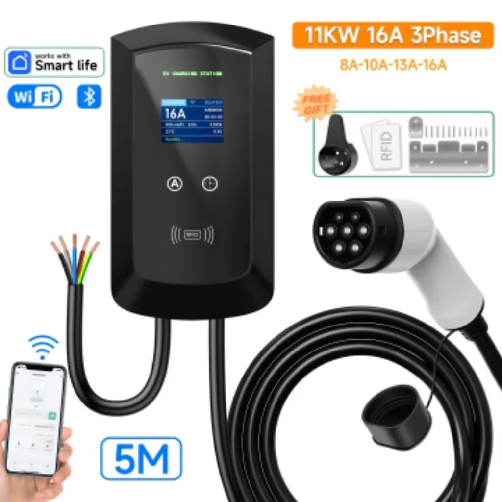 AFEEV 11KW EV Charging Station CEE Plug Type2 32A 3Phase Wall Mounted Charger WiFi Bluetooth APP Control Fast Charge Charger