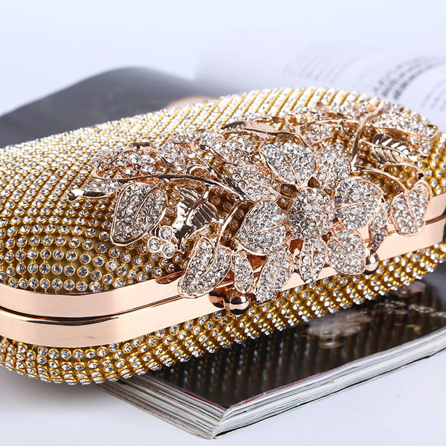 Shiny Diamond Evening Bag Flower Golden Handbag Boutique Novelty Metallic Rhinestone Clutch Purses Bridal Wedding Party Box Bags