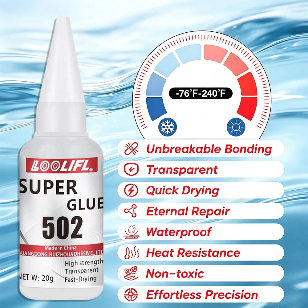 502 Super Instant Glue Fast Curing Strong Bond Low Odor Multi Material Repair Adhesive for Metal Wood Plastic Ceramic Leather