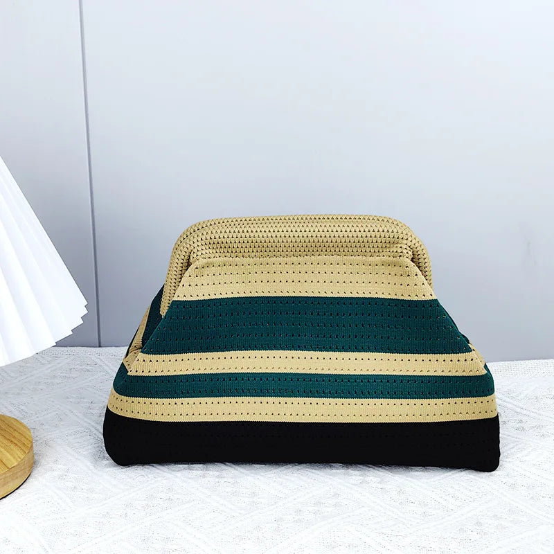 Summer Beach Clutch Purses for Women Crochet Woven Ruched Dumpling Hobo Bag Striped Color Evening Handbag Pool Knit Clutch