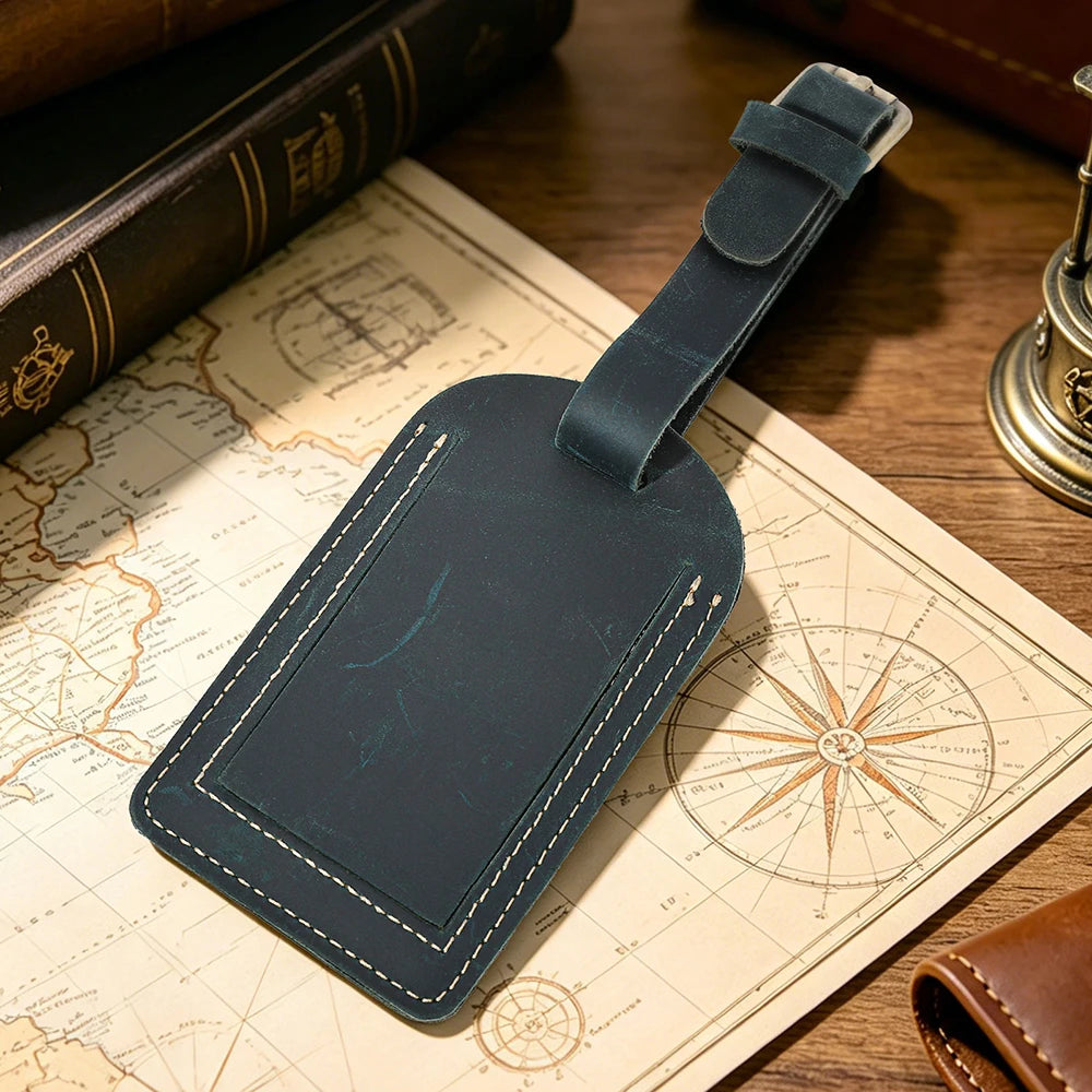 Vintage Crazy Horse Genuine Leather Luggage Tag Privacy Cover ID Address Label Adjustable Strap Suitcase Baggage Travel Accessor