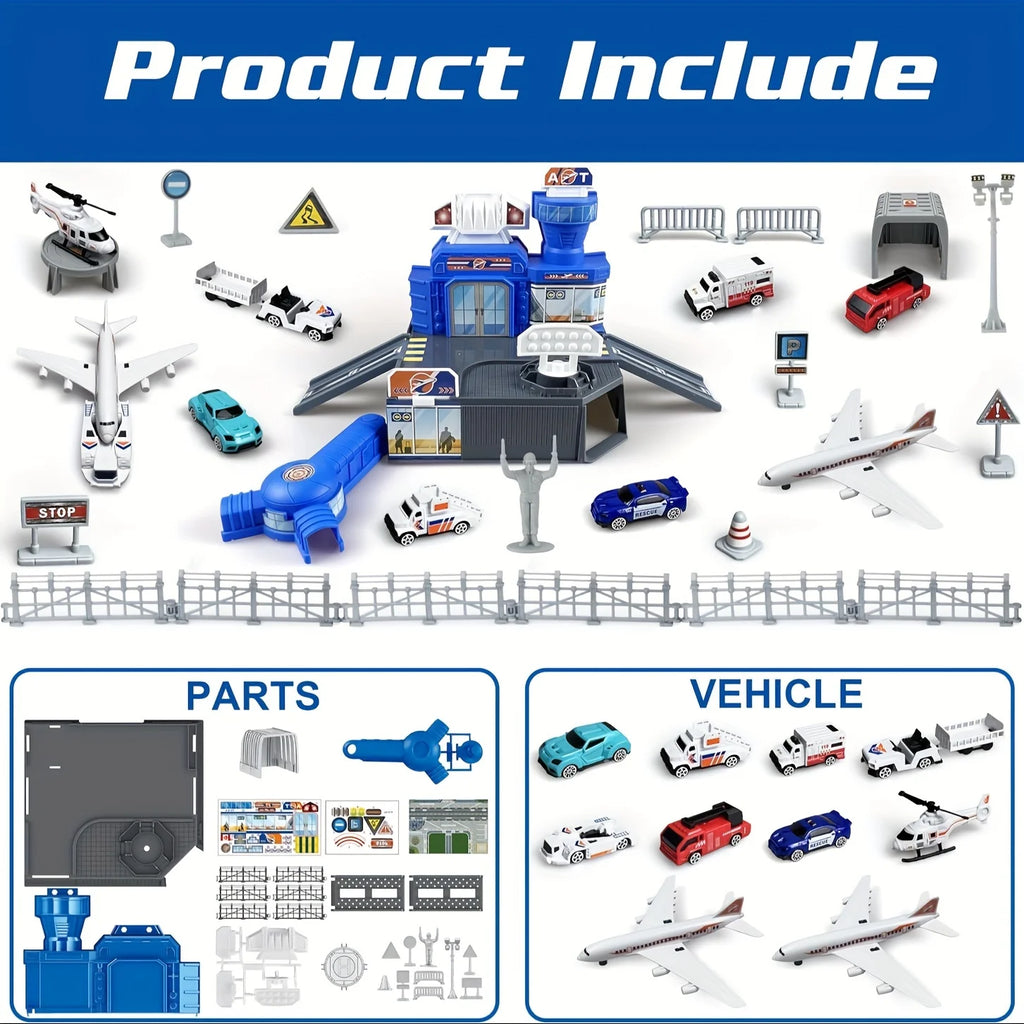 Airplane Toy Set with Trucks Helicopter Planes Signs Airport Playmat Interactive Early Learning Toys Birthday Gift for Boy Girl