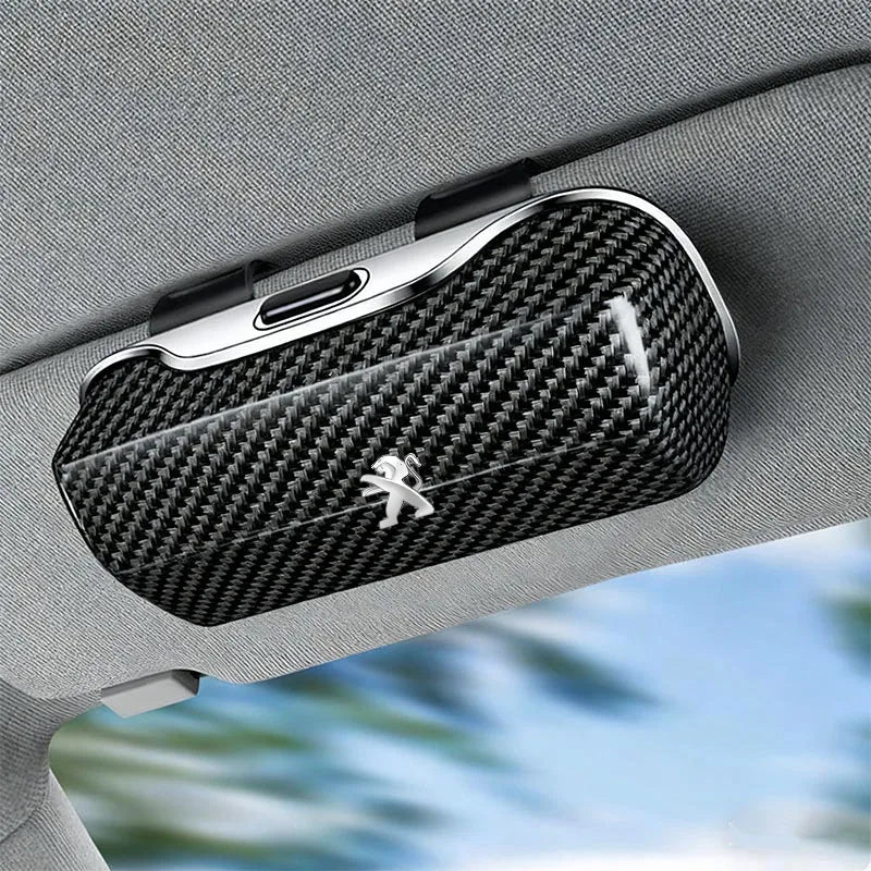 For Peugeot Car Sunglasses Holder, ABS Visor Glasses Case Clip Carbon Fiber Texture Car Sun Visor Glasses Box Storage