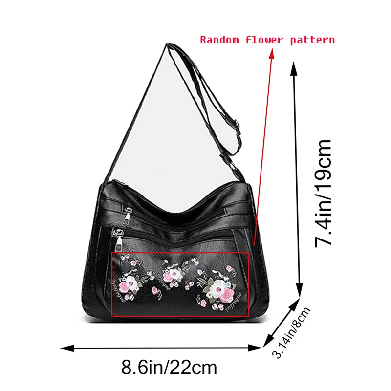 Graceful Floral-Embroidered Faux Leather Shoulder Bag Adjustable-strap Lightweight for Daily Commute Casual Bag