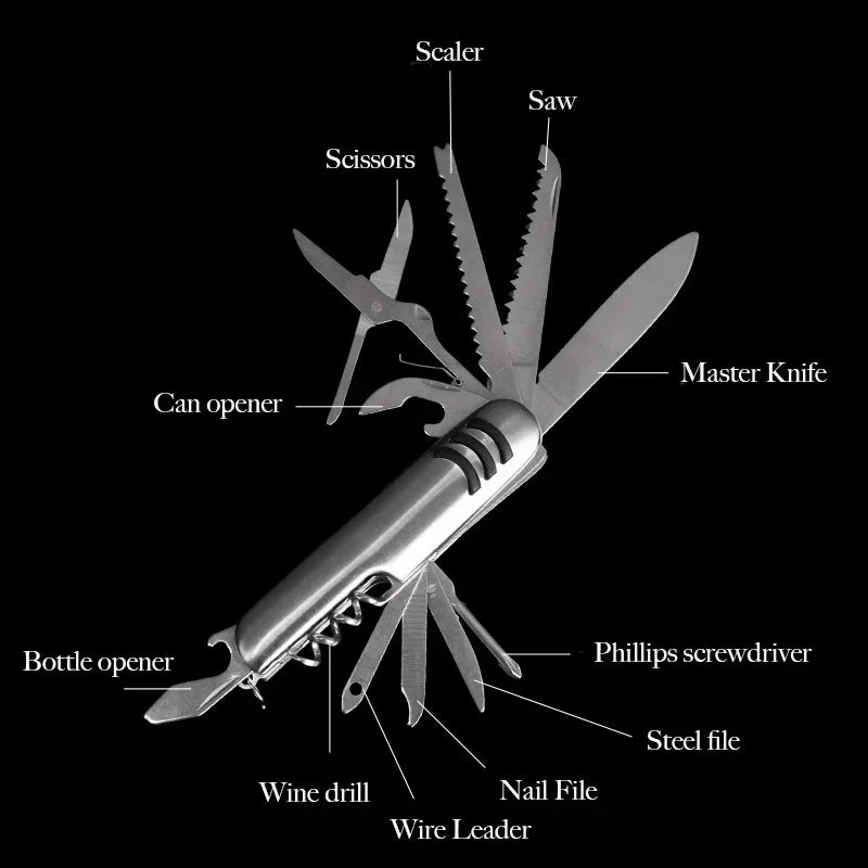 Multifunctional Pocket Knife Tool, Stainless Steel Folding Knife 11 in 1 for Camping Outdoors, Hiking, Eoc Portable Multitool