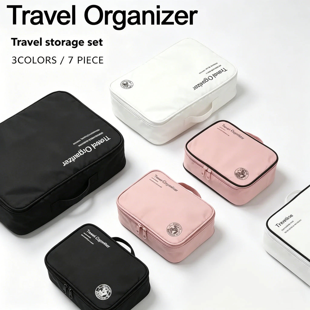 7Pcs Travel Organizer Storage Bag Set, Suitcase Packing Cubes, Portable Wardrobe, Luggage, Clothes, Underwear, Shoe Tidy Pouch