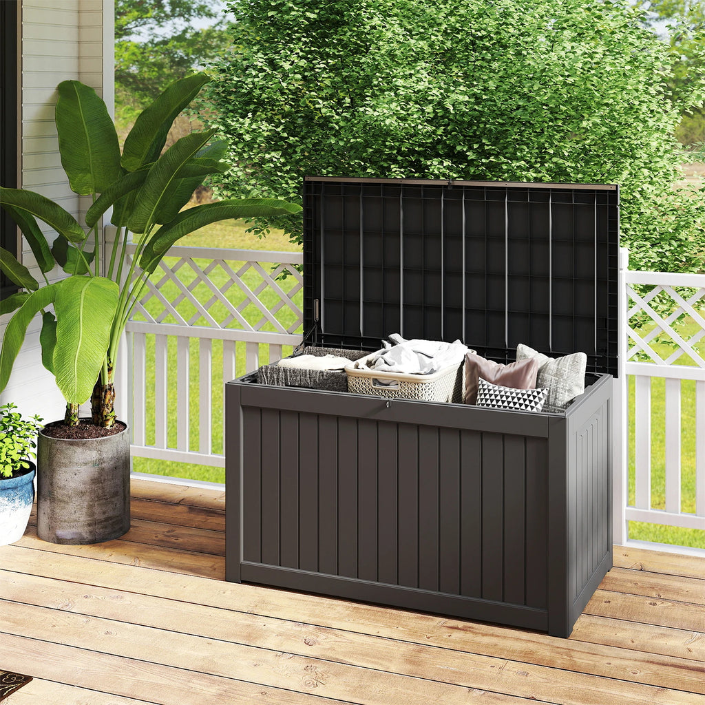 230 Gallon Heavy-Duty Resin Outdoor Storage Box, Wood Grain Patio, Garden & Pool Deck Organizer for Sports Gear, Yard Tools, Throw Pillows | Sturdy Plastic Construction, Multi-Purpose Use, Patio Storage Box, Classic Design, D