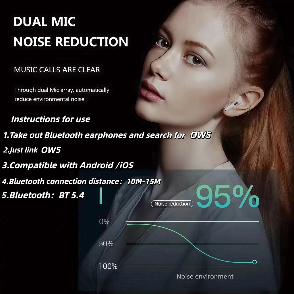 Wireless Open Earbuds with OWS Clip-On Design, Pure Stereo Sound, Call Noise Reduction, Rechargeable Battery, USB Charging