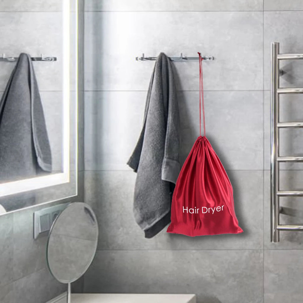 2pcs Satin Drawstring Travel Bags - Dustproof "Hair Stuff" Printed Storage Pouches for Hair Dryer