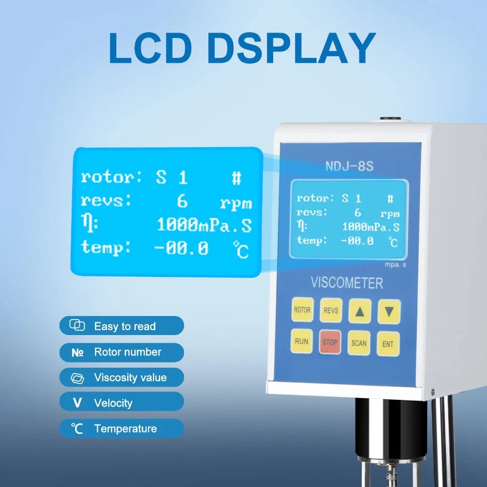 NDJ-8S Digital Rotary Viscometer with 4 Rotors Lab Viscosity Meter Tester Paints Adhesives Greases Cosmetics Accuracy ±3.0%