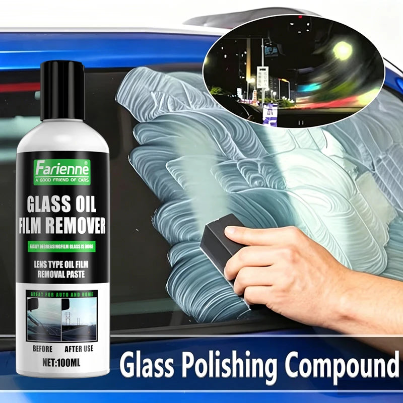 100Ml Car Glass Oil Film Remover Paste, Auto Windshield Cleaner Remove Dazzling, Oil Film, Blur, Restore Clear Vision With Spong