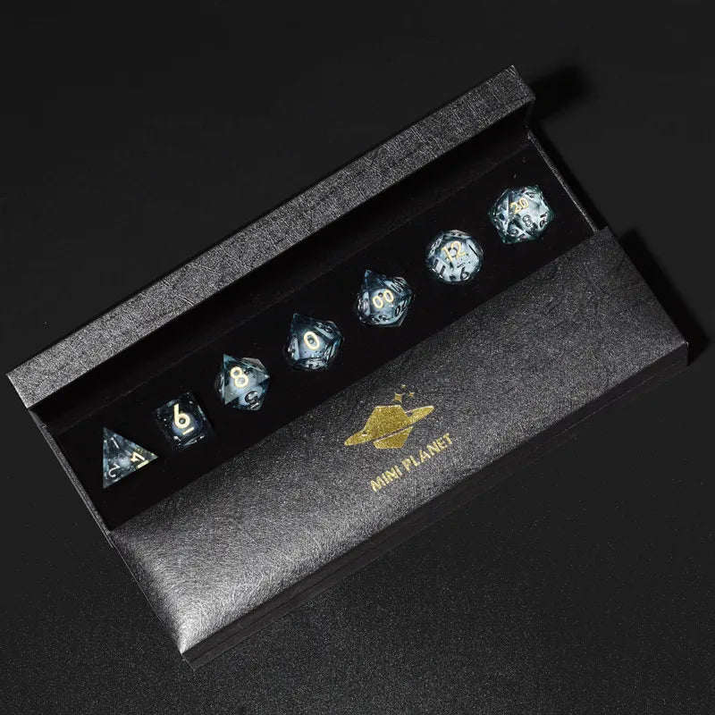 MINI PLANET Gold Sand Liquid Core Dice D&D Set Handmade Polyhedral Resin Dice With Sharp Edge For TRPG DND D6 D20 Dice Games