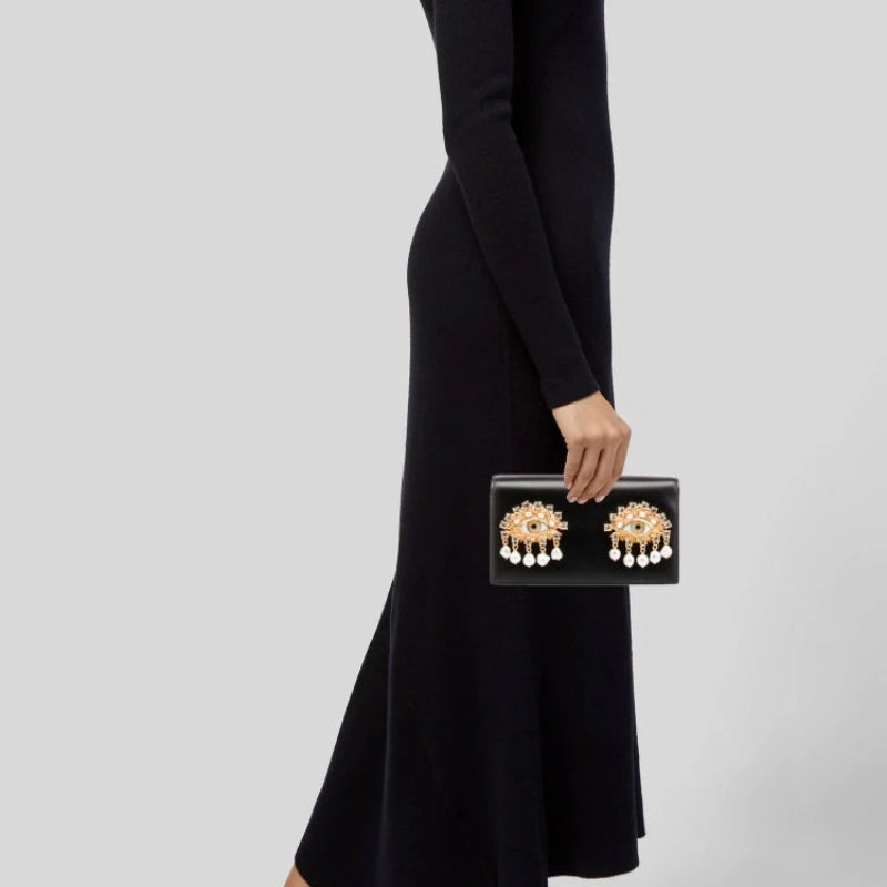 Luxury Designer Clutch Evening Bag Female High Quality Eye Motif Pearl Tassel Crystal Chain-Link Accents Elegant Shoulder Bag