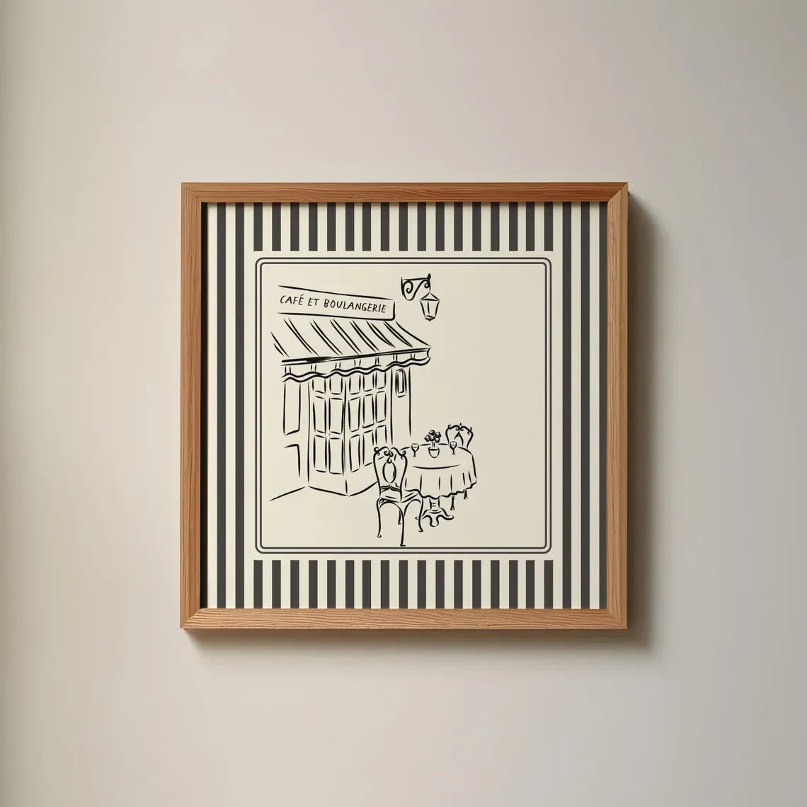 Black and White Striped French Cafe Print, Minimalist Illustration, Digital Downloads, Art Print, Gift Idea, Aesthetic