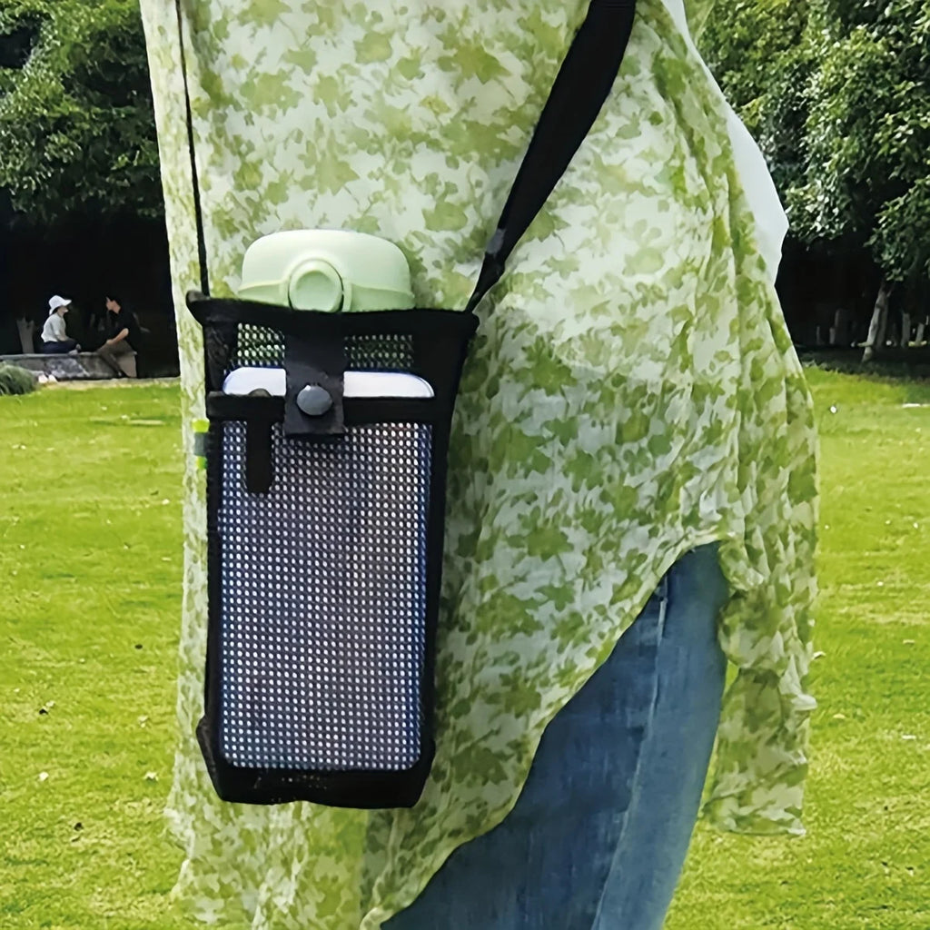Black Outdoor Crossbody Storage Net Bag Water Cup Cover Protective Cover Grid Milk Tea Kettle Universal Thermos Cup One Piece