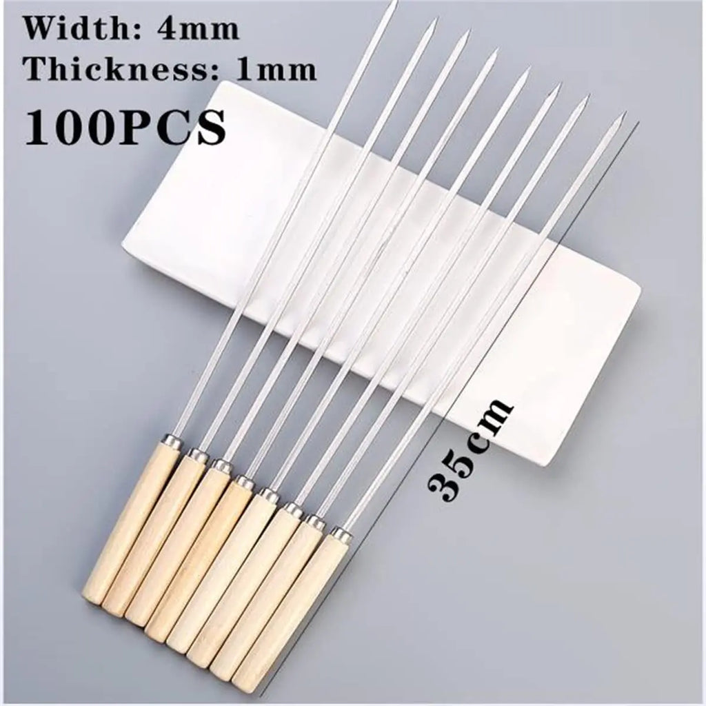 Premium Thick Stainless Steel BBQ Skewers with Wooden Handles - Easy to Turn Non-Stick Heat Resistant Perfect for Chicken Wings