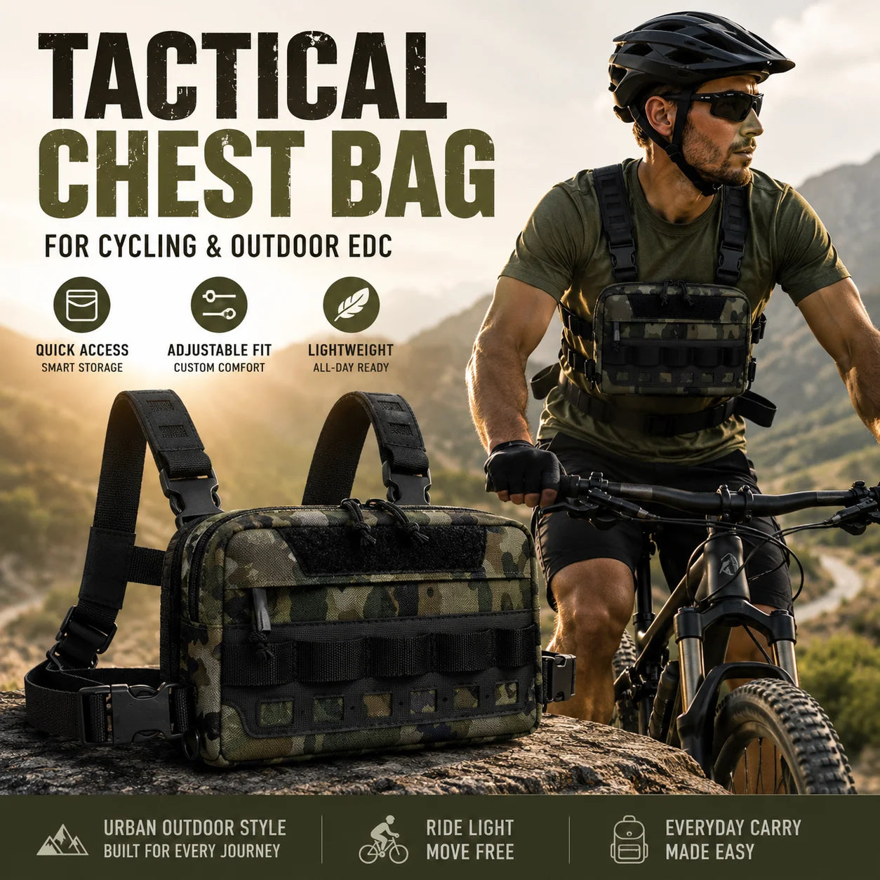 Functional Tactical Chest Bag Waist Bag Fishing MOLLE Outdoor EDC Chest Rig Pack for Cycling Hiking Camping Adjustable Harness