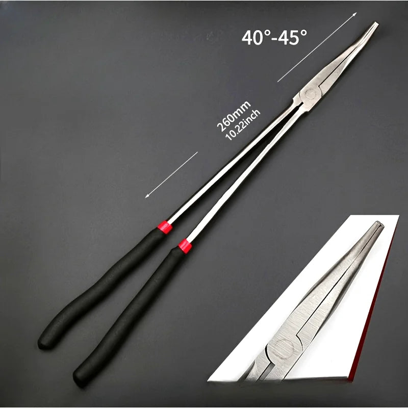 Damaly,16 Inch Long Nose Pliers - 25/45 Degree Curved Steel Needle Nose Pliers with Red Accents, Ergonomic Black Handles
