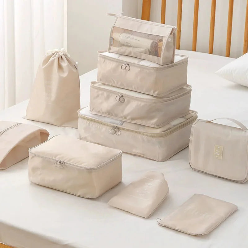 Travel Organizer Set 7/8/9/ Pcs Packing Cubes Suitcase Storage Bags Portable Luggage Tidy Pouch for Clothes & Shoes Folding